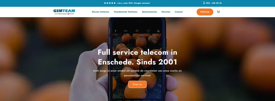 Screenshot van de gemigreerde GSM Team Shopify webshop met custom thema